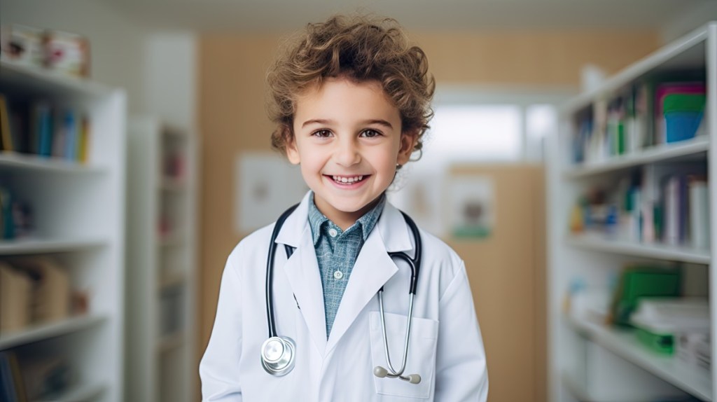 Ein gutgelaunter, blonder Junge trägt einen Arztkittel und ein Stethoskop.
