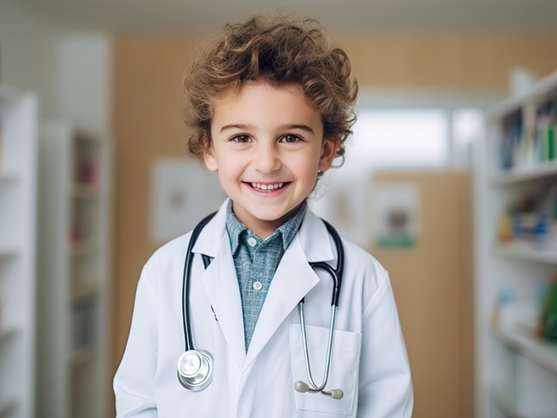 Ein gutgelaunter, blonder Junge trägt einen Arztkittel und ein Stethoskop.