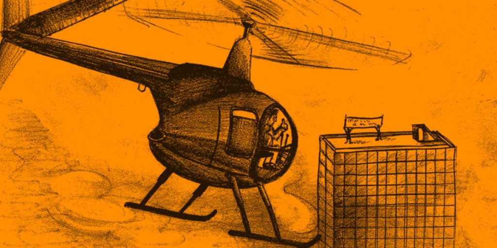 Eine Zeichnung von einem Helikopter auf orangenem Hintergrund.