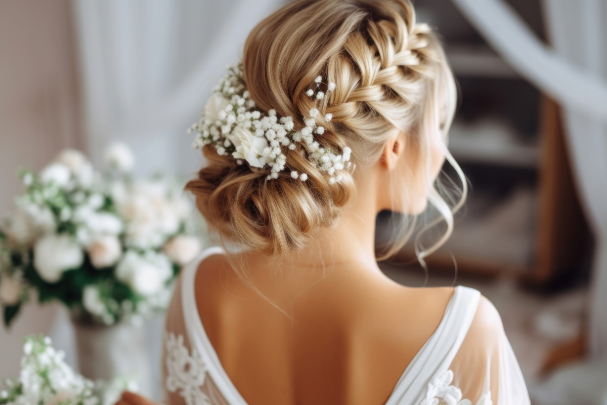 Eine junge blonde Frau im Hochzeitskleid, von hinten fotografiert.