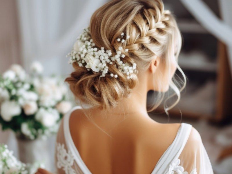 Eine junge blonde Frau im Hochzeitskleid, von hinten fotografiert.