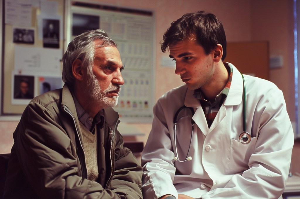 Ein junger Arzt gibt einem besorgten älteren Patienten eine Diagnose.