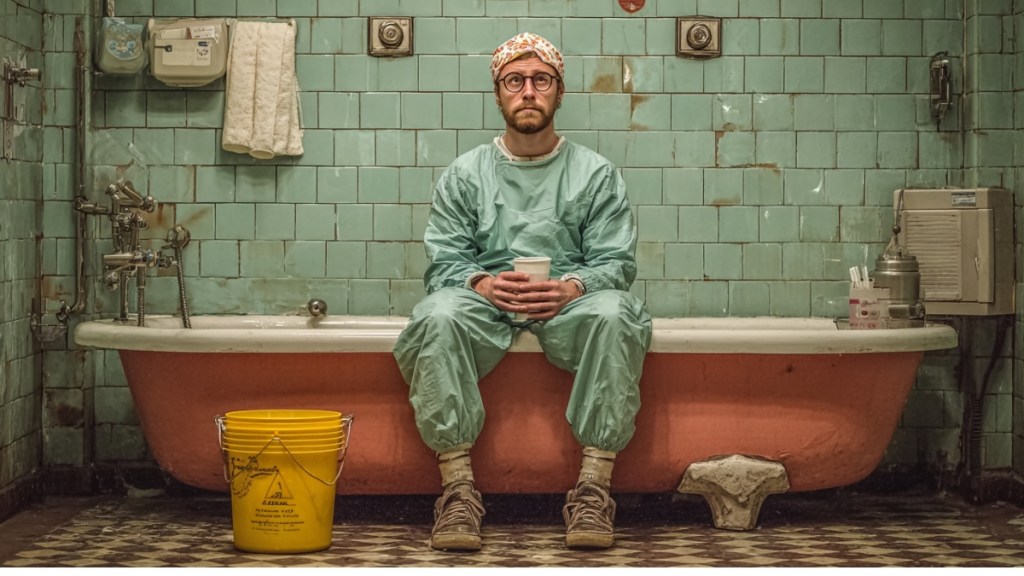 Mann sitzt in Badezimmer. (KI-generiert)