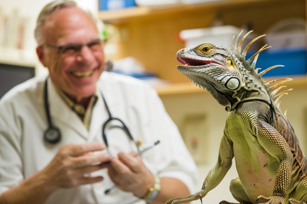 Ein Tierarzt untersucht lachend eine Echse.