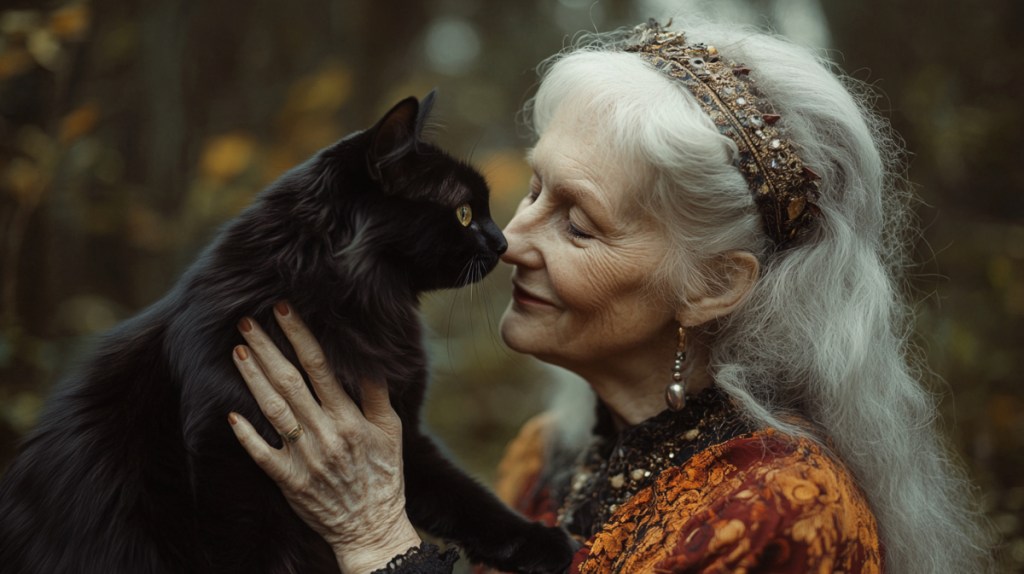 Eine Märchenprinzessin im Rentenalter streichelt ihren schwarzen Kater.