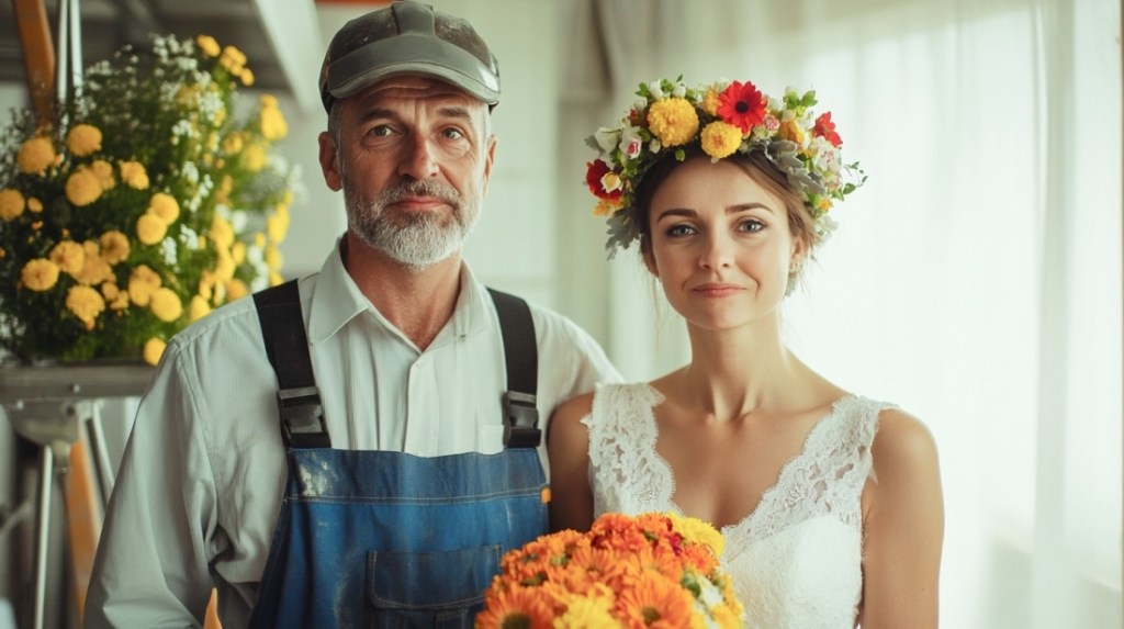 Ein Handwerker in Arbeitskleidung heiratet eine schöne Frau.