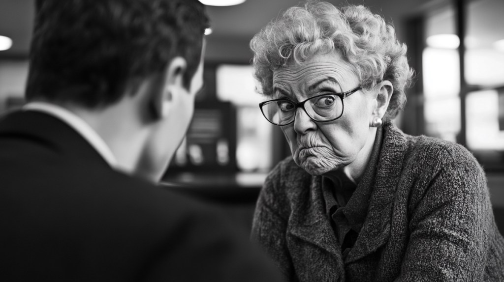 Ein Schwarz-weiß-Foto von einer wütenden alten Frau, die sich bei einem Bankdirektor beschwert.