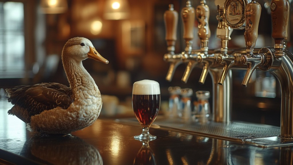 Eine Ente in einer Kneipe. (KI-generiert)