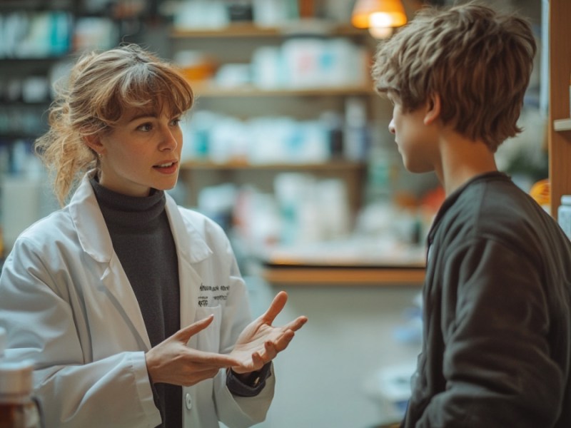 Eine Apothekerin spricht mit einem 16-jährigen Jungen. (KI-generiert)
