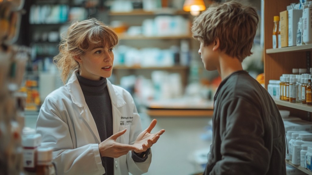 Eine Apothekerin spricht mit einem 16-jährigen Jungen. (KI-generiert)
