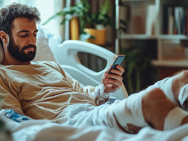 Ein Mann in einem Krankenhausbett schreibt eine Nachricht mit seinem Smartphone.