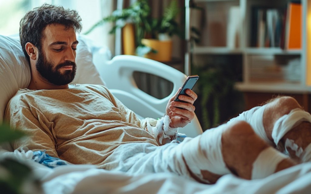 Ein Mann in einem Krankenhausbett schreibt eine Nachricht mit seinem Smartphone.