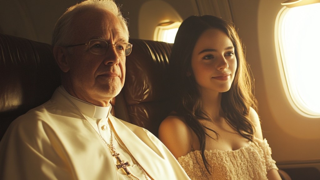 Priester und Frau im Flugzeug. (KI-generiert)
