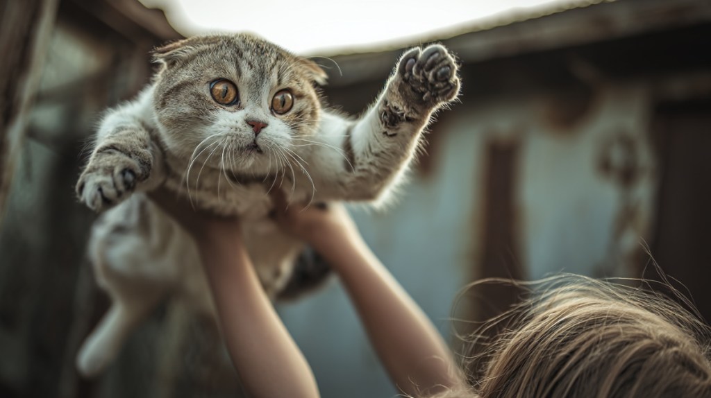 Die Katze wird hochgehoben, obwohl sie das gar nicht mag